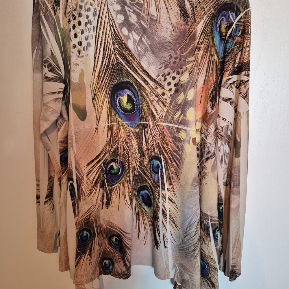 Jostar Peacock Feather Print Jacket • Open Front Draped Side • Rhinestone Detail - Picture 3 of 6